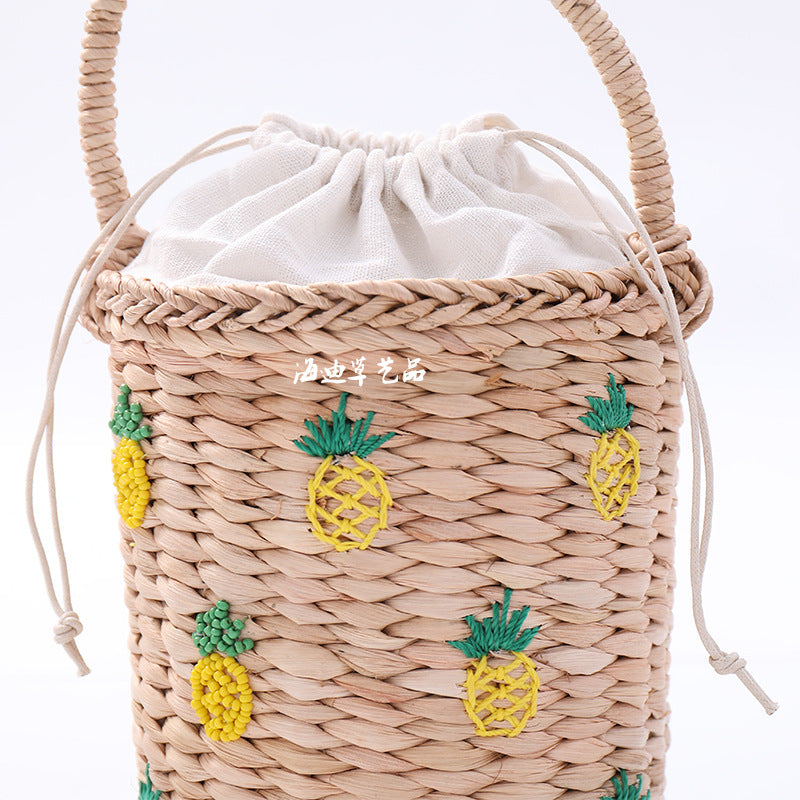 Pineapple Embellished Wicker Straw Basket Handbag