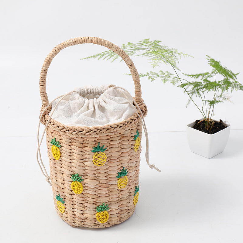 Pineapple Embellished Wicker Straw Basket Handbag