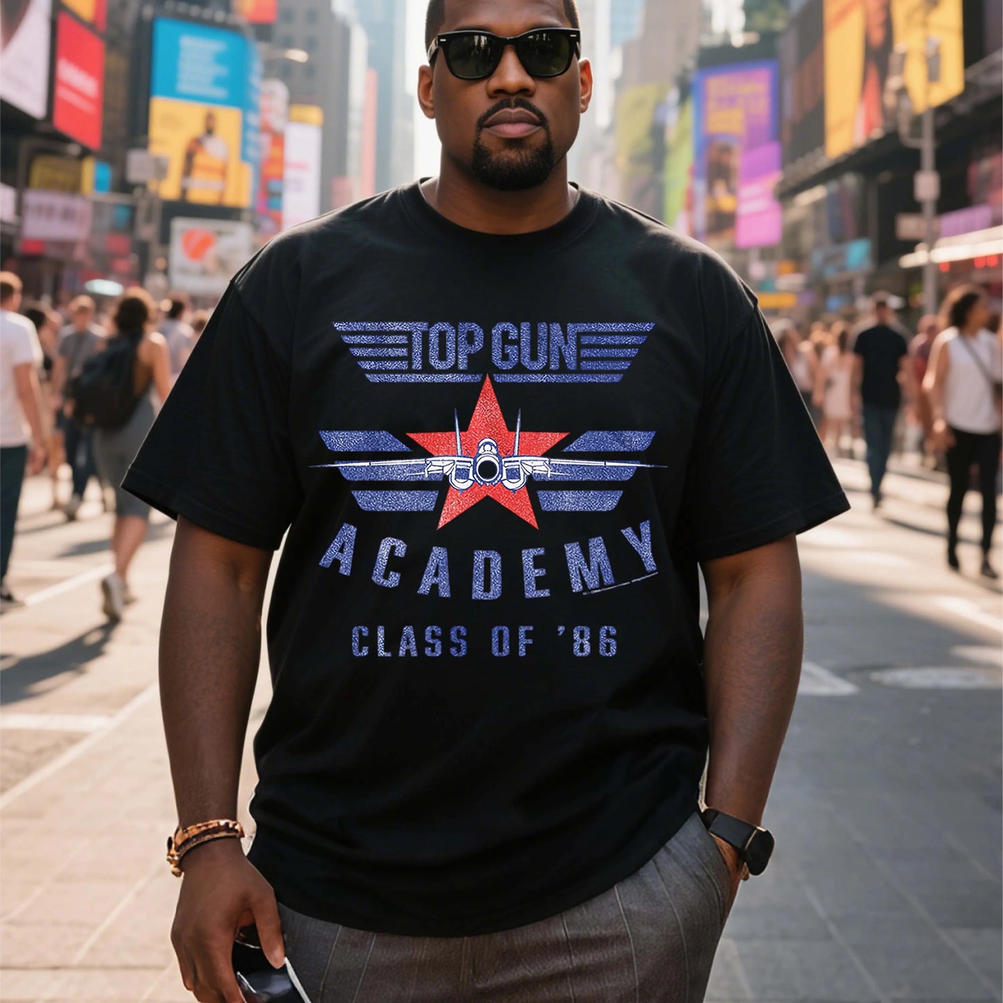 Plus Size Top Gun Academy Class of'86 Pattern Black Short Sleeve T-Shirt Suitable for Outdoor Leisure Wear in Summer