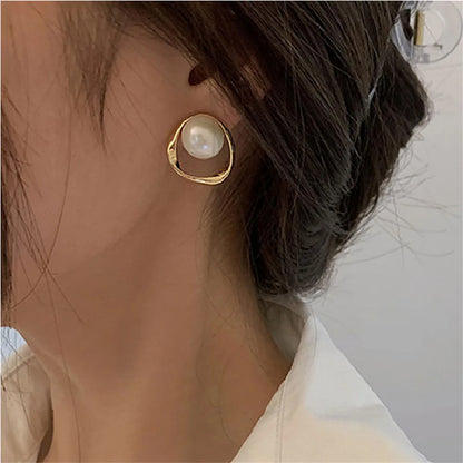 Imitation Pearl Earring for Women Gold Color Round Stud Earrings Korean Delicate Irregular Design Unusual Fashion Jewelry