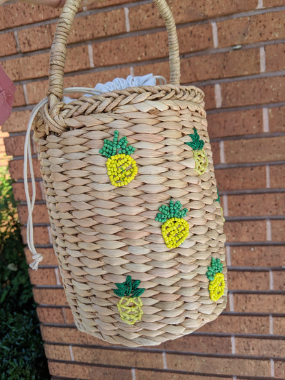 Pineapple Embellished Wicker Straw Basket Handbag